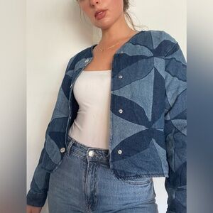 Zara button up blue denim jacket with a unique, abstract pattern